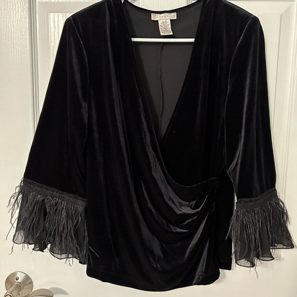 Jackie Jon New York Tops - Black Velvet Crossover Top with Feather & Skirt Set size 1X